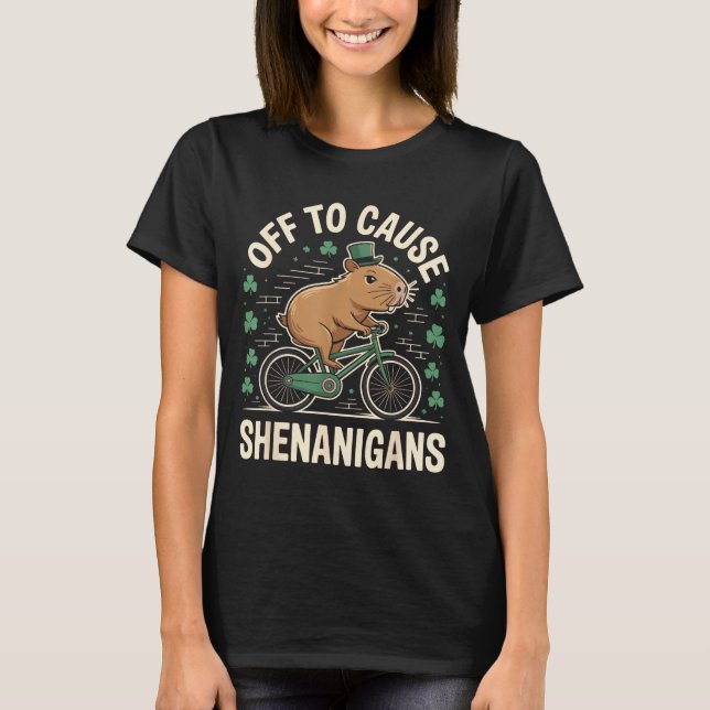 Off to cause shenanigans capybara meme st patricks T-Shirt (Front)