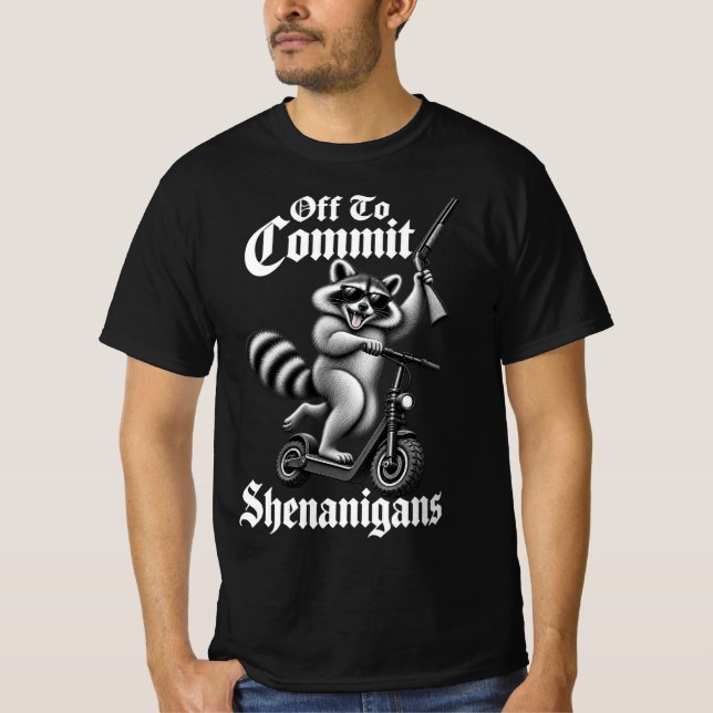 Off to Commit Shenanigans Funny Racoon Scooter  T-Shirt (Front)