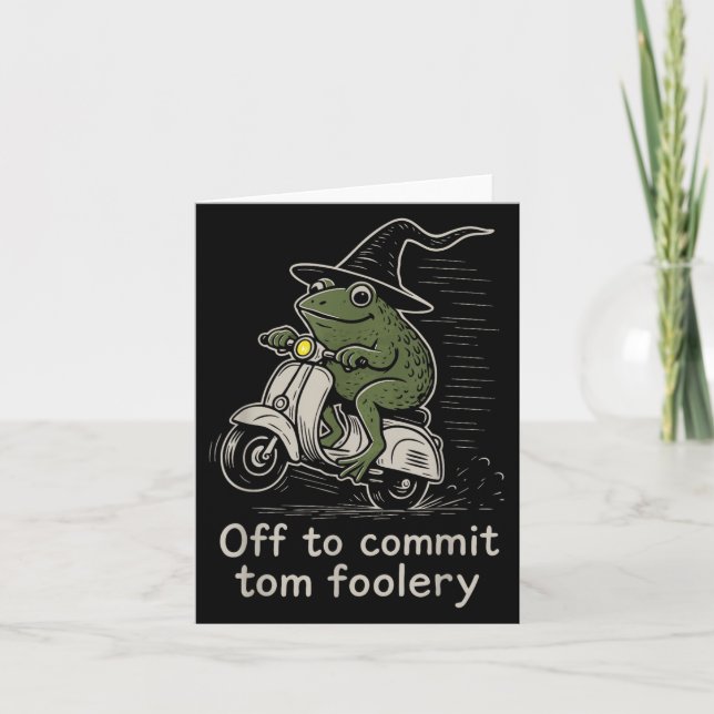 Off To Commit Tom Foolery Funny Frog Witch Scooter Card (Front)