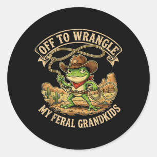 Off To Denim My Feral Grandkids Funny Cowboy Frog Classic Round Sticker
