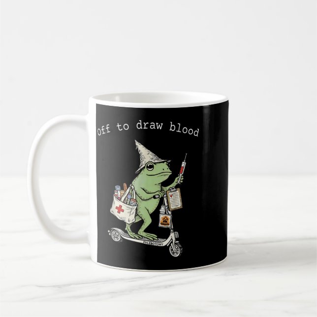 Off To Draw Blood Phlebotomy Technician Funny Frog Coffee Mug (Left)