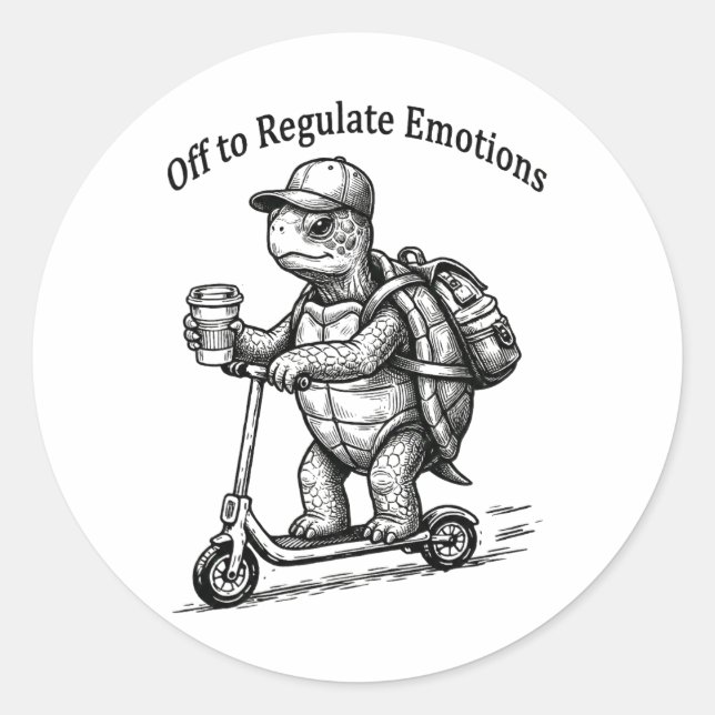 Off To Regulate Emotions Funny Turtle Scooter Humo Classic Round Sticker (Front)