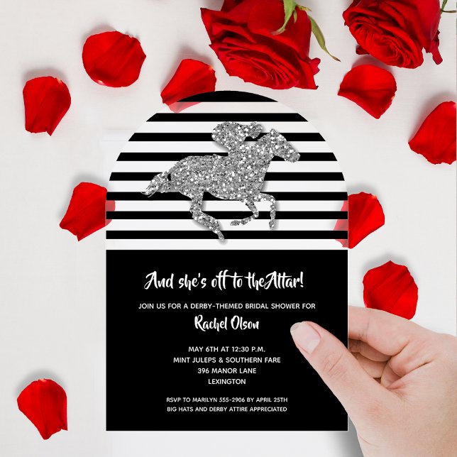 Off to the Altar Derby Silver Horse Bridal Shower Acrylic Invitations (Off to the Altar Derby-themed silver faux glitter racehorse bridal shower clear acrylic invitations)