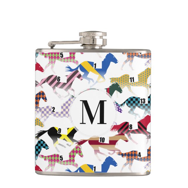 Off to the Horse Races Jockey Silk Pattern Hip Flask (Front)