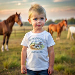 Off two the races equestrian derby party printed toddler T-Shirt<br><div class="desc">Off two the races horse equestrian derby pony horse themed birthday party printed t-shirt,  cute racing horse pony galloping on a race track personalised equestrian party t-shirth birthday photo props photoshoot t-shirt</div>