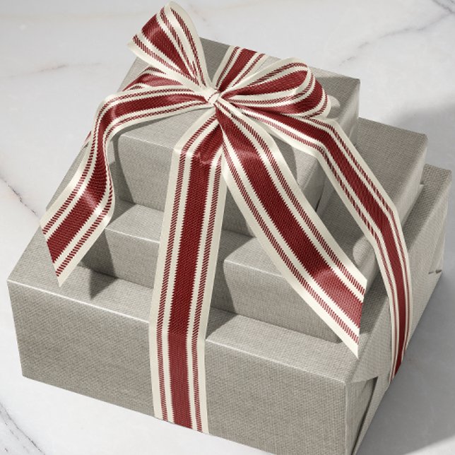 Off-White and Deep Red Ticking Tape Ribbon Grosgrain Ribbon (deep brick red and cream ticking stripe patterned satin ribbon)