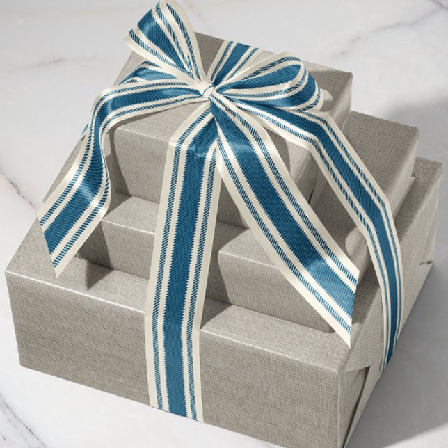 Off-White and Navy Blue Ticking Tape Ribbon Grosgrain Ribbon (rustic French country navy blue and off-white cream ticking tape stripe patterned ribbon)