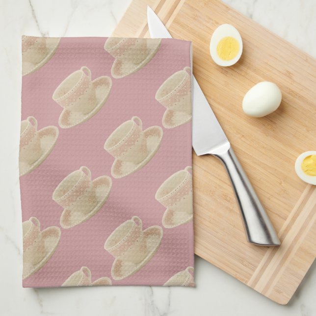 Off White and Pink Teacup Tea Towel (Quarter Fold)