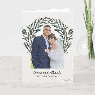 Off White Green Arch Wreath Photo Wedding Thank You Card