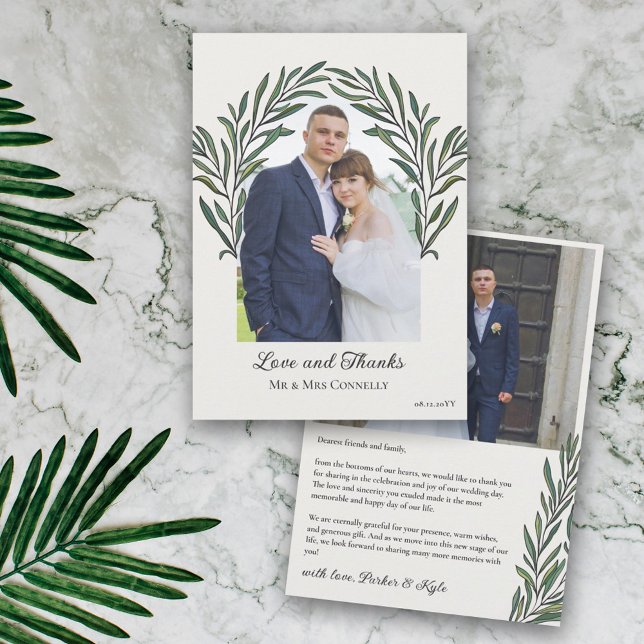 Off White Green Arch Wreath Photo Wedding Thank You Card (Creator Uploaded)