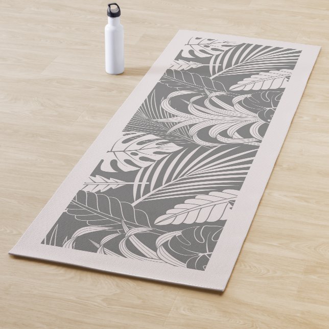 Off-White & grey tropical leaves pattern Yoga Mat (In Situ)