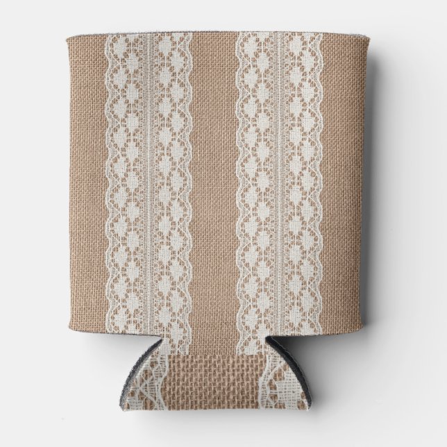 Off-White Lace: Burlap Texture Can Cooler (Front)