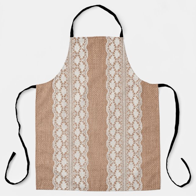 Off-White Lace on Brown Burlap Texture Apron (Front)