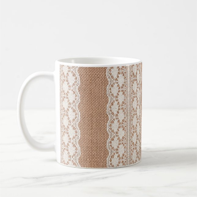 Off-White Lace on Brown Burlap Texture Coffee Mug (Left)