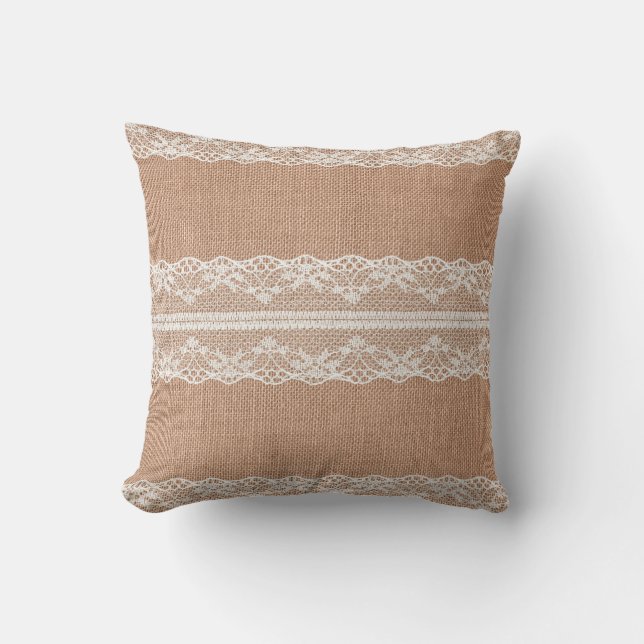 Off-White Lace on Brown Burlap Texture Cushion (Front)