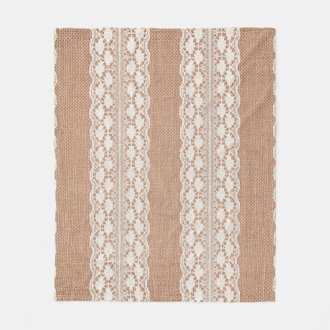 Off-White Lace on Brown Burlap Texture Fleece Blanket (Front)