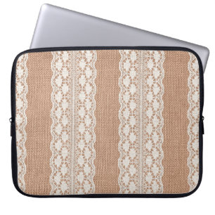 Off-White Lace on Brown Burlap Texture Laptop Sleeve