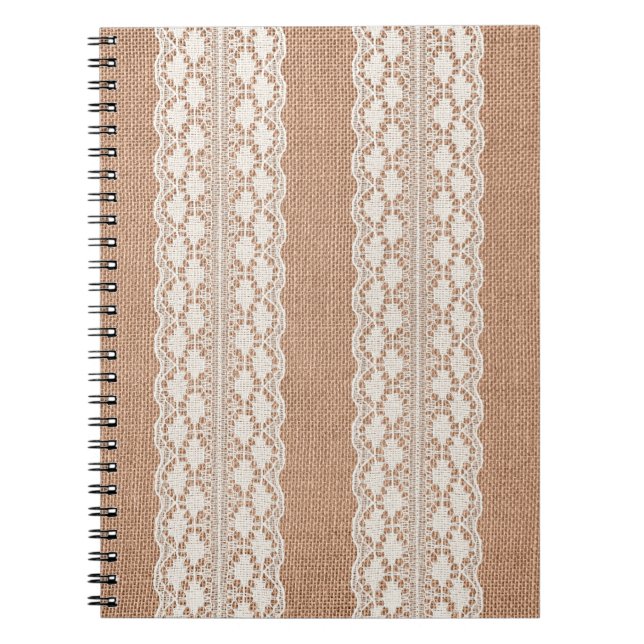 Off-White Lace on Brown Burlap Texture Notebook (Front)