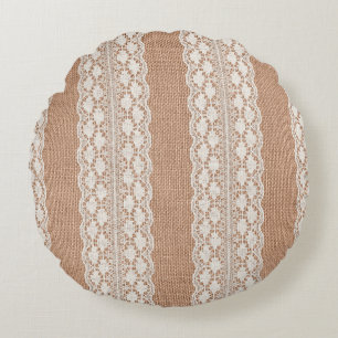 Off-White Lace on Brown Burlap Texture Round Cushion