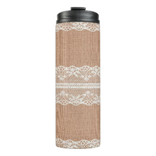 Off-White Lace on Brown Burlap Texture Thermal Tumbler