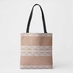 Off-White Lace on Brown Burlap Texture Tote Bag