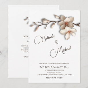 Off White Magnolia Raised Effect Flower Wedding Invitation