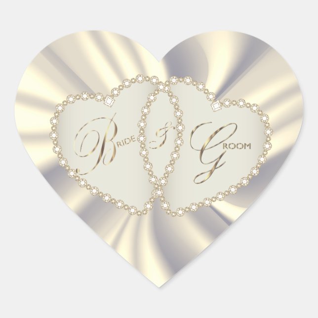 Off White Satin Bride & Groom | Dual Hearts Heart Sticker (Front)