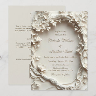 Off White Sculptured Flowers Wreath Wedding Invitation