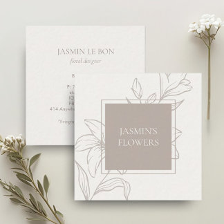 Off-White & Taupe | Chic Floral Label Square Business Card