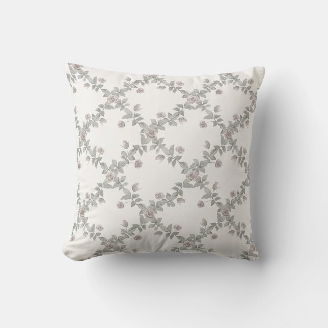 Off-White Taupe Rose Sage Trellis Pattern Cushion (Front)