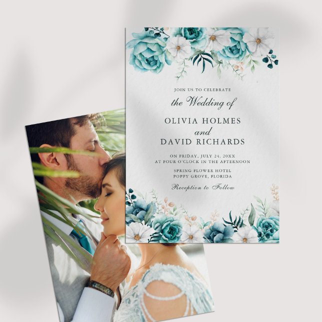 Off-White Teal Floral Custom Photo Wedding Invitation (Off-White Teal Floral Custom Photo Wedding Invitation on a white table.)