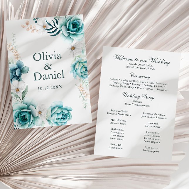 Off-White & Teal Floral Wedding Program (Off-White & Teal Floral Wedding Program on a sunny white dry palm leaf.)