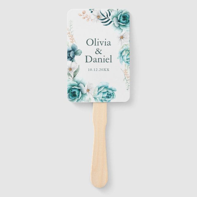 Off-White & Teal Floral Wedding Program Hand Fan (Front)