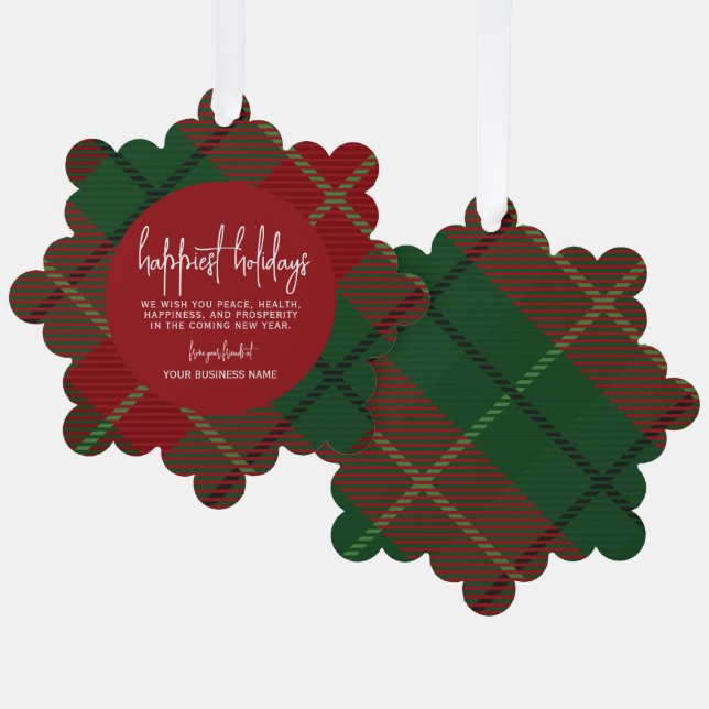 Office - green red plaid - Happiest Holiday Tree Decoration Card (Front/Back)
