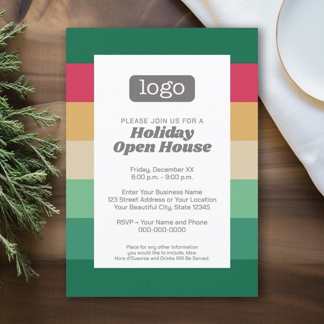 Office Party with Company Logo - retro 70s stripes Invitation (Retro Stripe Invitation for a Corporate Holiday Card - Cocktail Party or Open House)