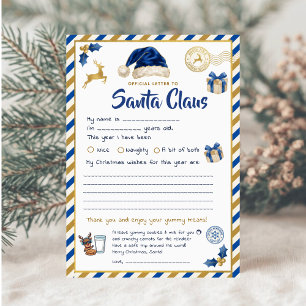 Official Letter to Santa Claus   Blue Gold Kids Holiday Card