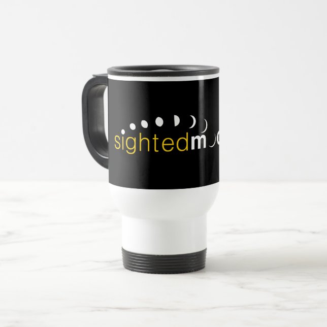 Official Logo of Sighted Moon on a Travel Mug (Front Left)