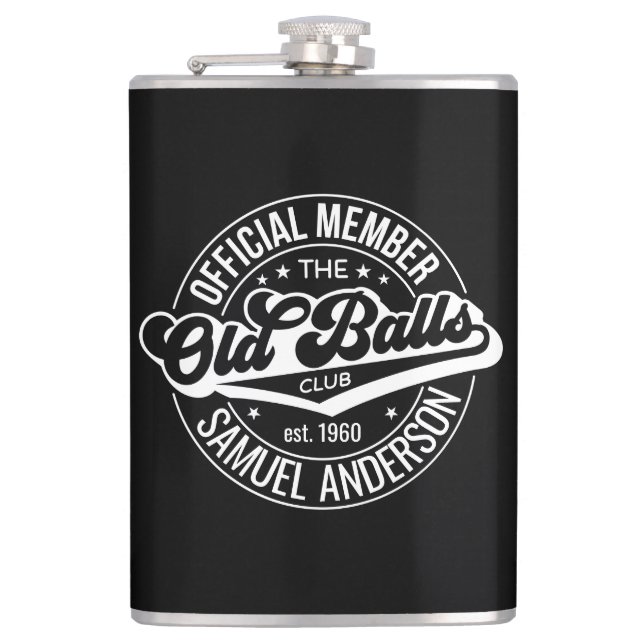 Official Member of the Old Balls Club Birthday Hip Flask (Front)
