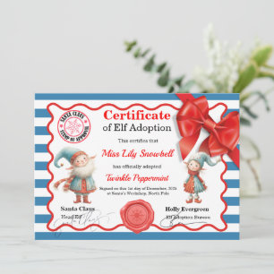 Official North Pole Elf Adoption Certificate  Invitation