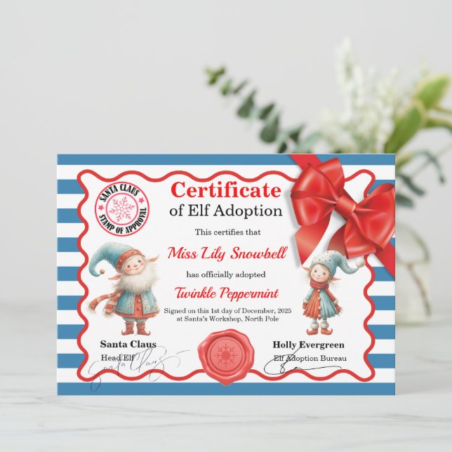 Official North Pole Elf Adoption Certificate  Invitation (Standing Front)