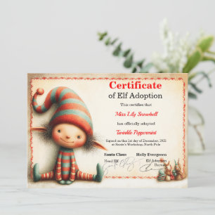 Official North Pole Elf Adoption Certificate  Invitation