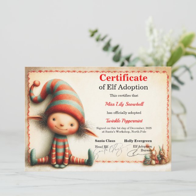 Official North Pole Elf Adoption Certificate  Invitation (Standing Front)