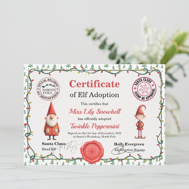 Official North Pole Elf Adoption Certificate  Invitation (Standing Front)