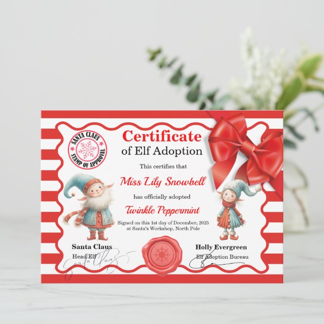 Official North Pole Elf Adoption Certificate  Invitation (Standing Front)