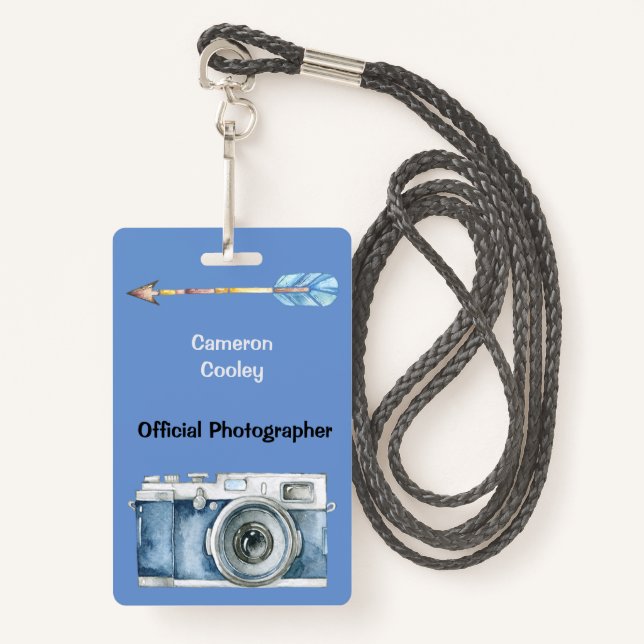 Official Photographer with Vintage Camera Badge ID Badge (Front with Lanyard)