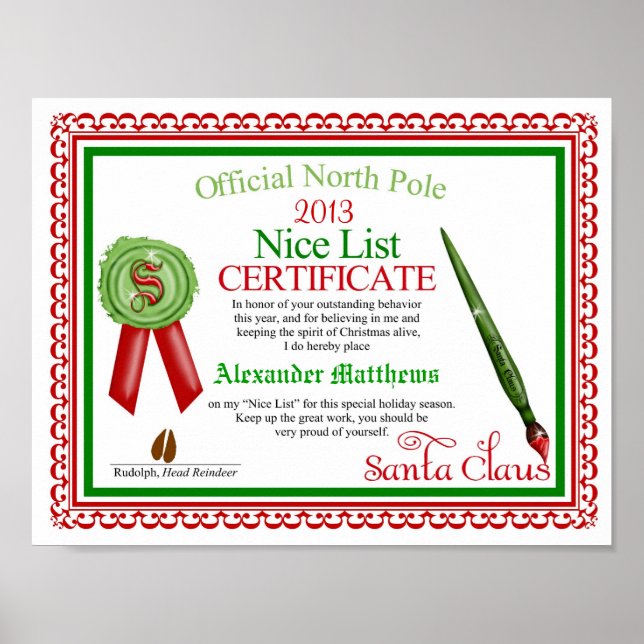Official Santa Claus Nice List  Certificate Poster (Front)