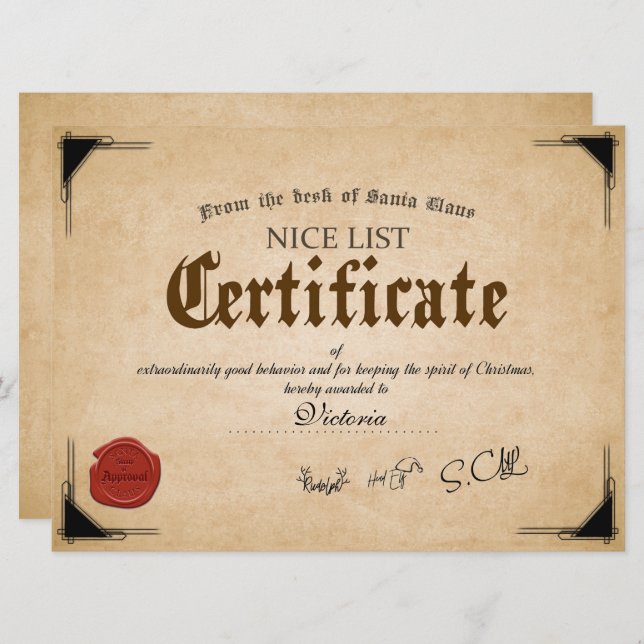 Official Santa Nice List Certificate Holiday Card (Front/Back)