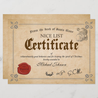 Official Santa Nice List Certificate Holiday Card