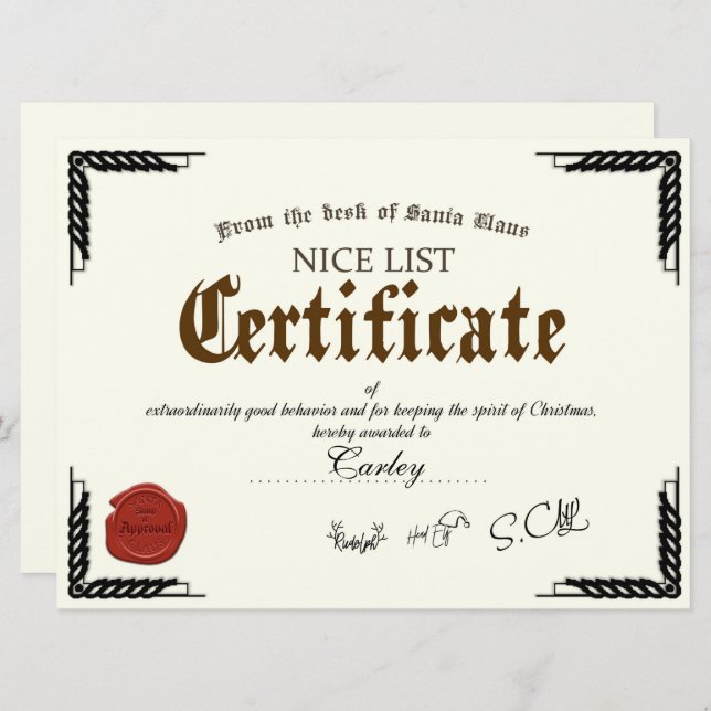 Official Santa Nice List Certificate Holiday Card (Front/Back)