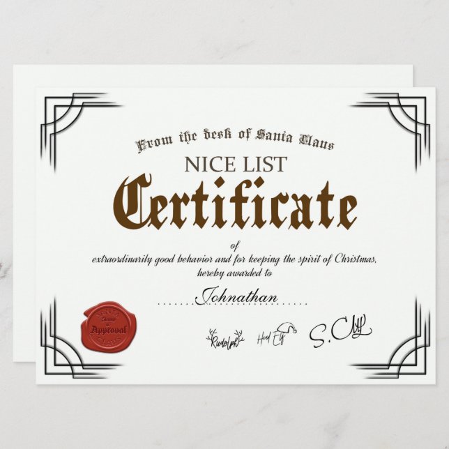 Official Santa Nice List Certificate Holiday Card (Front/Back)